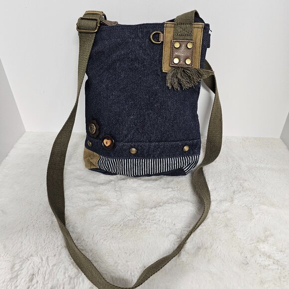 Chala Borsa Messenger A Tracolla In Denim Blu Navy Con Patch Procione - Piccola